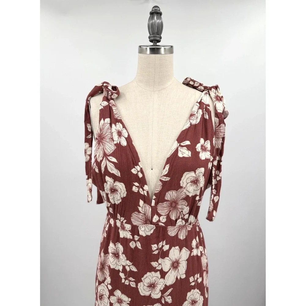 Abercrombie & Fitch Floral Maxi Dress M Rust Red Boho Tie Shoulder Deep V
